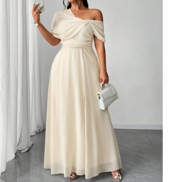 Plus One Shoulder Split thigh Party Evening Gown Dress - Picture 5 of 16